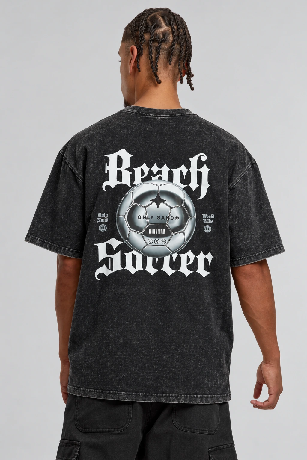 Back view of the BEACH STREET washed charcoal-black T-shirt with a silver football and gothic lettering.
